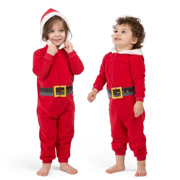 New HOLIDAY FAM Toddler Santa Fleece Hooded Zip-Up 1-Pc Christmas PJ Jumpsuit - Picture 1 of 7